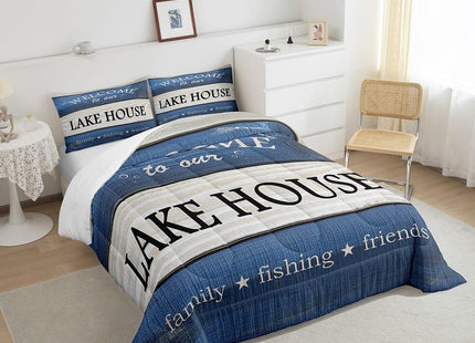 Castle Fairy Lake House Comforter Set Twin Size,Cabin Lodge Rustic Farmhouse Style Bedding Set for Kids Boys Men,Country Blue Wooden Stripes Quilted Duvet Set with 1 Pillowcase