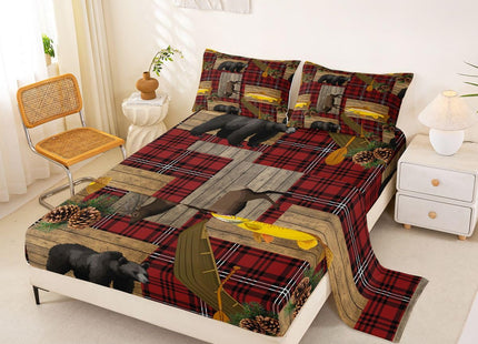 Bear Deer Moose Sheet Set Full Black Red Buffalo Plaid Fishing And Hunting Bed Sheets Wild Animal Lake House Bedding Set Rustic Farmhosue Fitted Sheet Country Cabin Lodge Flat Sheet + 2 Pillow Cases