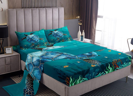 jejeloiu Kids Sea Turtle Sheet Set King Size Ocean Reptile Tortoise Bed Sheets Set Coastal Sheets with Deep Pocket Fitted Sheet Nautical Beach Blue Bedding Set with 2 Pillow Case