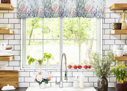 SODIKA Kitchen Curtain Valance for Windows Nautical Theme Seashell Starfish Coral Ocean Blue 1 Panel, 54 x 18 Inch Rod Pocket Valance Window Treatments Short Curtains for Bathroom Bedroom