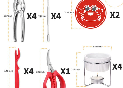 Luvan 33 Pcs Crab Crackers and Tools Set with 4 Crab Leg Crackers, 4 Crab Forks, 4 Lobster Shellers, 4 Butter Warmers, 1 Seafood Scissors, 14 Tealight Candles, 2 Crab Grabber-Seafood Boil Party Supply