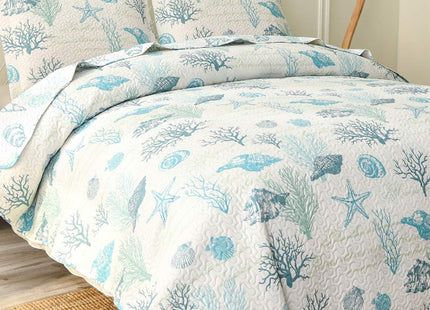 Oliven Reversible Coastal Beach Theme Quilt Set Queen/Full Size Ocean Coral Bedding Seaweed Bedspread Ocean Life Blue Green White Shell Starfish Coverlet Summer Lightweight Beach Daybed Sets