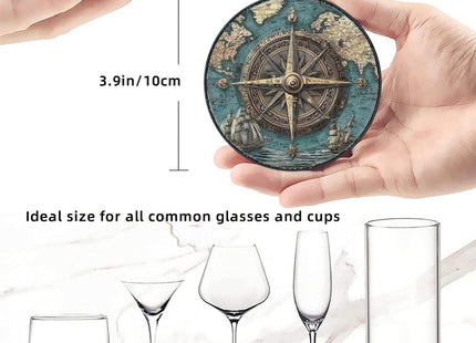 sunwarshile Nautical Compass Coasters for Drinks with Holder Round Leather Coasters Set of 6 Cups Mugs Mat Pad for Home Kitchen Bar