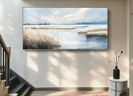 amatop Large Wall Art - Oversized Framed 58x29, Ocean Marsh Landscape Canvas Print, Horizontal Calm Coastal Nature Artwork for Bedroom Living Room Office, Neutral Farmhouse Boho Coastal Decor