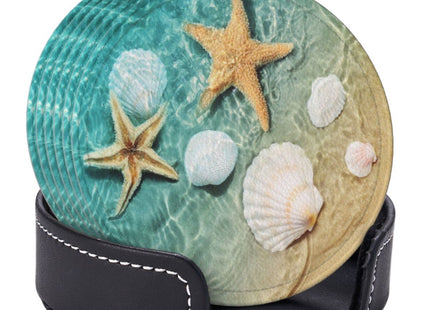 Niukom 6 Pcs Starfish and Seashell On The Summer Beach in Sea Water. Leather Coasters for Drinks with Holder Coaster Sets Drink Table Cup Coasters for Living Room Kitchen Coffee Decor