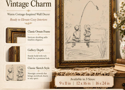 Vintage Gold Framed Wall Art, child Fishing Sketch Canvas Print, 16x12 In