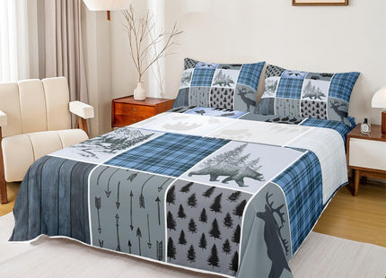 Rustic Farmhouse Sheet Set Queen, Retro Cabin Lodge Fitted Sheet Country Bear Deer Bed Sheets For Kids Teens Adult Men, Hunting Wild Animal Plaid Checkered Flat Sheet 4Pcs With 2 Pillow Cases,Blue