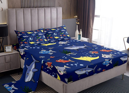 Erosebridal Tortoise Bed Sheets Set for Kida Boys Room, Sea Turtle Shark Flat Fitted Sheet Twin Size, Underwater World Bedding Set, Octopus Sea Animal Bed Set, Soft Microfiber Decor, Dark Blue