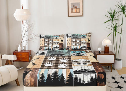 Rustic Farmhouse Fitted Sheet Twin for Adult Women Wild Animal Deer Bear Print Bedding,Hunting and Fishing Theme Camping Bed Sheets for Boy Girl Kid Patchwork Bed Set Old Barn Door Bedding