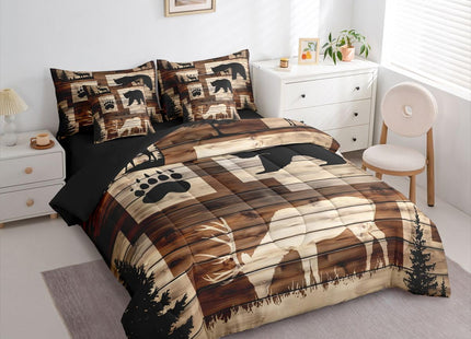 Erosebridal Rustic Cabin Patchwork Twin Bedding Set 7-Piece for Home, Hunting Camping Animal Comforter Set with Sheets, Bear Deer Forest Wildlife Bed in A Bag, Farmhouse Country Lodge Bed Sets