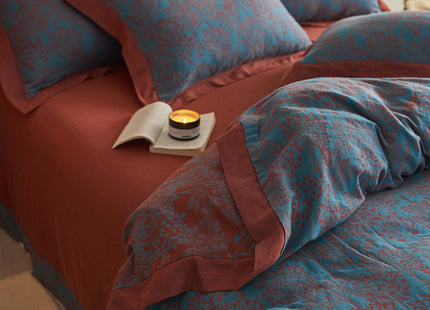 VM VOUGEMARKET Blue Red Duvet Cover Queen,3 Pieces Retro Jacquard Forest Theme Tree Leaves Bedding Set,Linen Cotton Yarn-Dyed Textured Duvet Cover with Zipper Closure