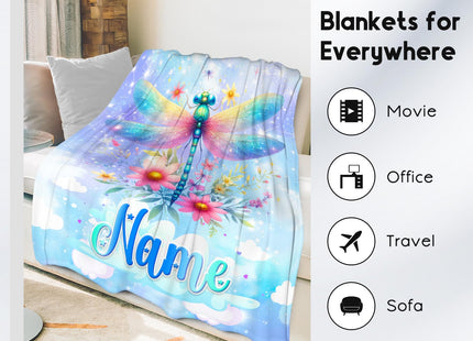 COOPASIA Dragonfly Gifts, Personalized Blanket for Girls Women, Custom Warm Flannel Kids Throw Dragonfly Decor for Couch