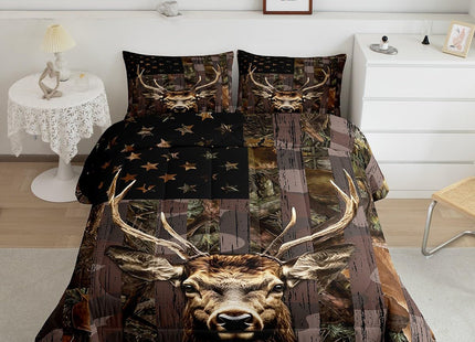 Camo Bedding Set for Boys Kids,Deer Comforter Sets American Flag Camouflage Down Comforter Hunting Woodland Moose Wildlife forest Twin Bed Set,Rustic Farmhouse Cabin Lodge Quit for Men Bedroom Decor
