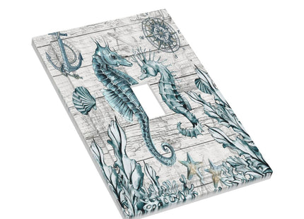Seahorse Kelp Compass Anchor on Wooden Board 1 Gang Light Switch Covers Decorative Single Toggle Wall Plate Switchcover Electrical Switchplate for Country Bathroom Bedroom Decor
