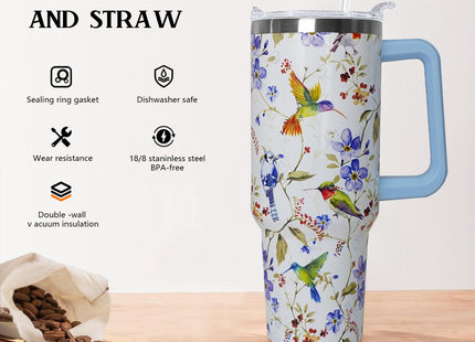 Ceovfoi 40 oz Hummingbird Tumbler with Handle Lid and Straw,Hummingbird Stainless Steel Coffee Tumbler Mug Cup Watter Botter,Bird Gifts for Bird Lovers Women, Hummingbird Stuff/Accessories