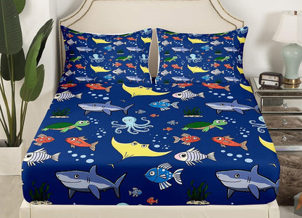 Erosebridal Tortoise Bed Sheets Set for Kida Boys Room, Sea Turtle Shark Flat Fitted Sheet Twin Size, Underwater World Bedding Set, Octopus Sea Animal Bed Set, Soft Microfiber Decor, Dark Blue