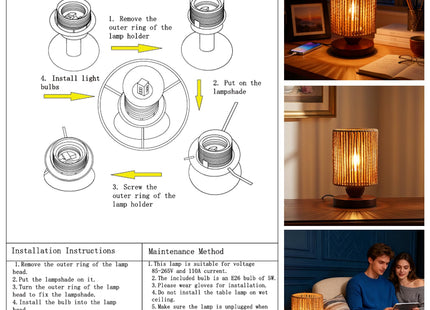Handmade Rattan Lamp Boho Table Lamp for Bedroom, Small Woven Lamps for Night Stands with Warm White LED Bulb, Coastal Boho Lamp for Living Room Reading Nook Office Desk, 12cm Shade 20cm Height