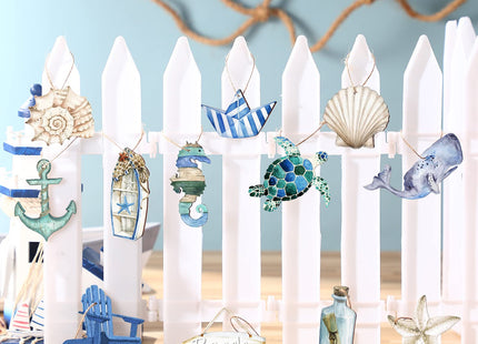 Maitys 36 Pcs Beach Wooden Ornaments Ocean Summer Tree Decorations Coastal Nautical Seaside Wood Cutouts Navigation Hanging Ornaments Xmas Decorations for Home Tree Wall Wreath Crafts(Beach Sea)