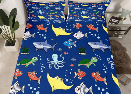 Erosebridal Tortoise Bed Sheets Set for Kida Boys Room, Sea Turtle Shark Flat Fitted Sheet Twin Size, Underwater World Bedding Set, Octopus Sea Animal Bed Set, Soft Microfiber Decor, Dark Blue