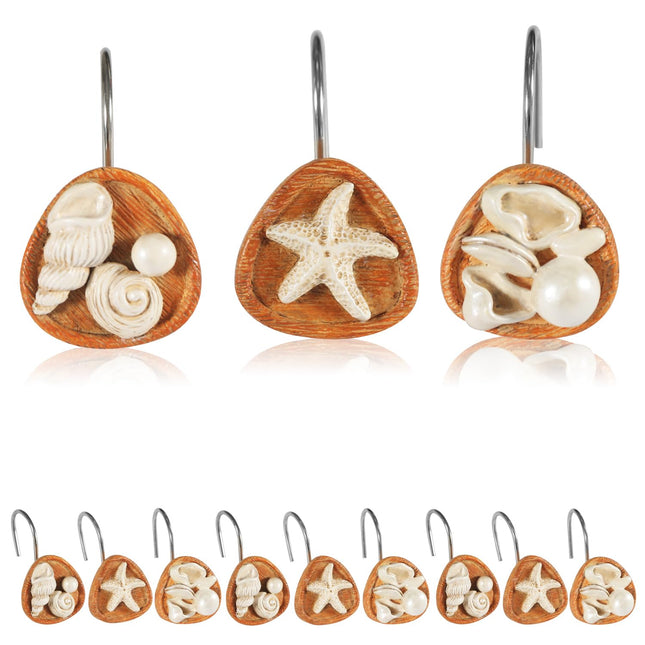 Seashell Shower Curtain Hooks, 12PCS Coastal Shower Curtain Hooks | Decorative Beach Bathroom Decor Accessories, Redwood Finish.