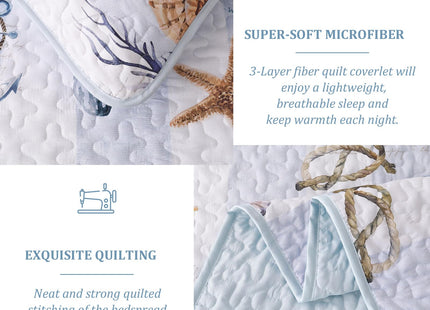 Coastal Quilt Set King Size 3 Pieces,Beach King Quilt Bedding Set Lightweight Sky Blue Bedspreads,Reversible Microfiber Nautical Quilts with 2 Shams Summer Ocean Coverlet Sets for King Bed All Season