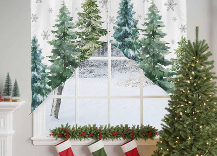 Christmas Swag Valance, Green Pine Tree Xmas Rod Pocket Kitchen Valance Curtains Winter Snowflake Scalloped Swag Curtains for Christmas Living Room Bathroom Window, 1 Pair, 36" W x 36" L
