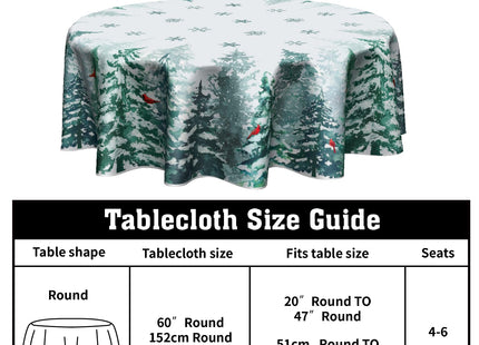 Winter Green Pine Tree Table Cloth Round Xmas Red Cardinal Bird Snowflake Tablecloth 60 Inch Decor Washable Stain and Wrinkle Resistant Winter Round Table Cover for Dining Picnic