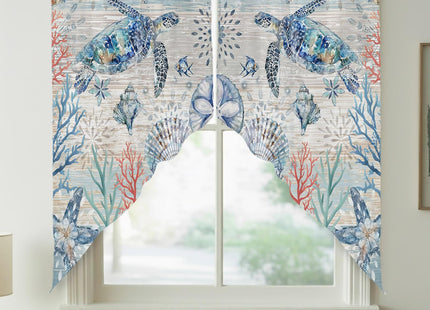 Ocean Sea Turtles Nautical Swag Valances for Windows Rod Pocket Kitchen Window Curtains Over Sink, Rustic Wood Beach Kitchen Curtains Sets, Swag Curtains Valance for Living Room, 28"x36" Set of 2