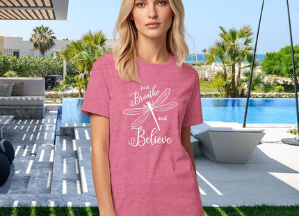 COMIZI Dragonfly Shirts for Women Just Breathe Tshirt Dragonfly Lover Entomology Tee Tops Pink