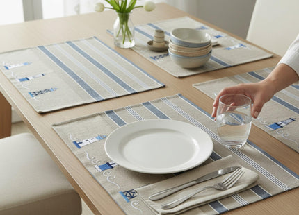 Nautical Placemats – Set of 4 –– Cotton Decorative Embroidered Design - Natural, Navy Blue and White (Lighthouse)