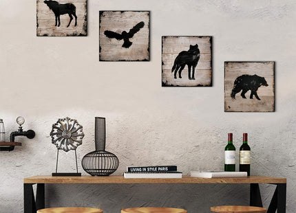 Rustic Animals Silhouette Cabin Wall Decor Wildlife Wall Art Woodland Nursery Bear Pictures for Living Room Farmhouse Moose Wolf Eagle Deer Poster Canvas Artwork Bedroom Lodge Home Decoration 12x12 4P