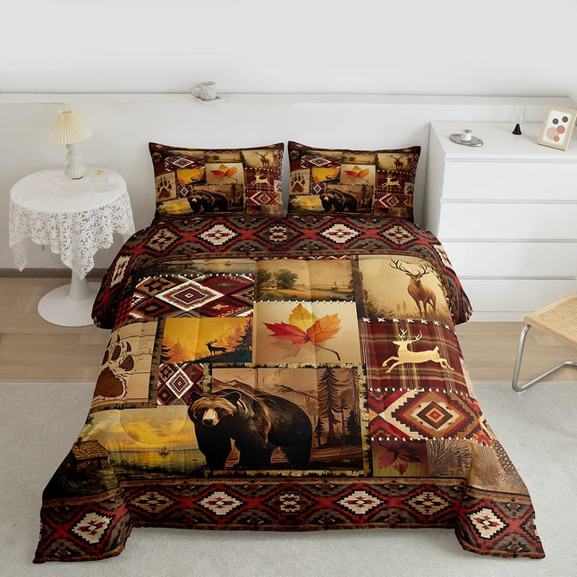 Erosebridal Vintage Rustic Comforter Farmhouse Lodge Bear Deer Toddler Bedding Set Country Cabin Bedding for Kids Adults Western Maple Leaf Retro Pine Trees Duvet Insert 2Pcs Room Decor