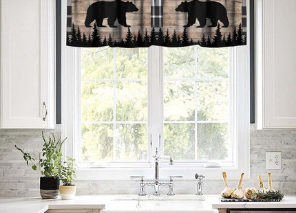 GoDazzling Vintage Bear Kitchen Curtain Valance, Country Farmhouse Forest Tree Black Bear Wildlife Animal Wooden Window Valance, for Bedroom Living Room Cafe Bathroom 1 Panels W54xL18in