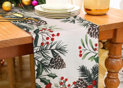 Heirloom Haven Christmas Winter Table Runner, Holly Berry Pine Cone Needle Branch Table Runners Xmas Seasonal Holiday Table Decorations for Farmhouse Kitchen Dinning Home Party Decor 13x72in