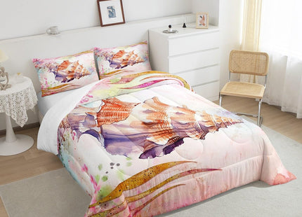 Coastal Beach Bedding Sets - Twin Size, Girls Cherry Blossoms Floral Comforter Set, Kids 3D Seashell Ocean Theme Bedding, Marine Life Room Decor, Japanese Style Quilted Comforter, Pink