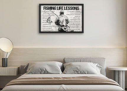 Fishing Wall Art Fishing Life Lessons Framed Wall Decor Motivational Quotes Canvas Pictures Sign Poster Decorations Print Painting Artwork for Man Boy Room Living Room Bedroom 24x16inch