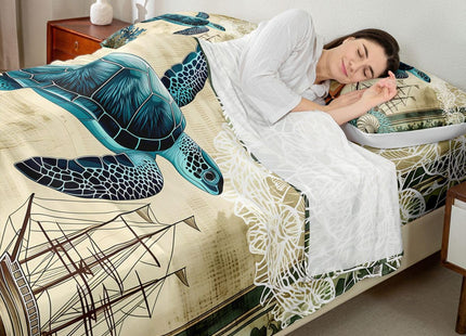 Erosebridal Sea Turtle Bedding Set, Ocean Beach Themed 3-Piece Sheet Set - Retro Tortoise Print, Fitted & Flat Sheets, 2 Pillowcases, Twn Size