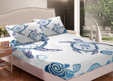 Turtle Bed Sheet Set,Ocean Animals Illustration Monochrome Sea Turtle Ocean Elements Sheets Set, Soft Decorative Fabric 3-Piece Bedding Set (Flat Sheet + Fitted Sheet + Pillow Sham) White Blue,Twin