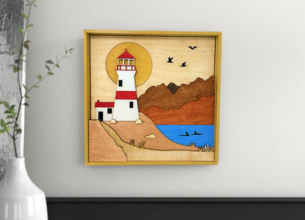 ImprovingLife Wall Art Decor Lighthouse on the Cliff Landscape Wood Sculpture 3D effect