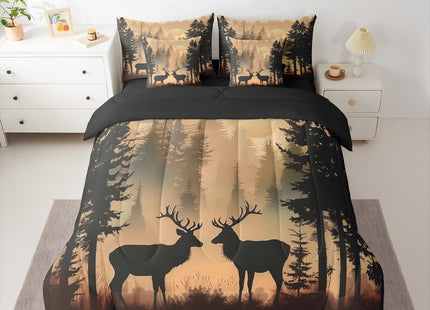 Erosebridal Wildlife Deer Queen Bedding Set 7 Piece Cabin Farmhouse Bed in A Bag with Sheets Rustic Country Comforter Set for Kids Adults,Sunset Pine Tree Bed Sets