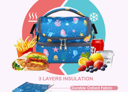 FlowFly Double Decker Cooler Insulated Lunch Bag Large Tote for Boys, Girls, Men, Women, With Adjustable Strap (Blue-Mermaid)