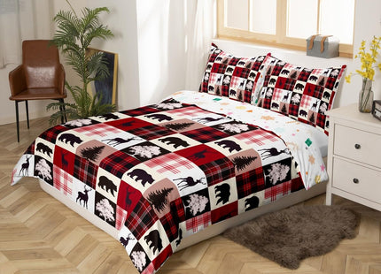 Retro Red Stripes Grid Bedding Set,Animal Silhouette Duvet Cover for Kids Teen Boys Girls,Wildlife Bear Moose Elk Comforter Cover Decorative Room,Christmas Quilt Cover with 2 Pillowcases,Full Size