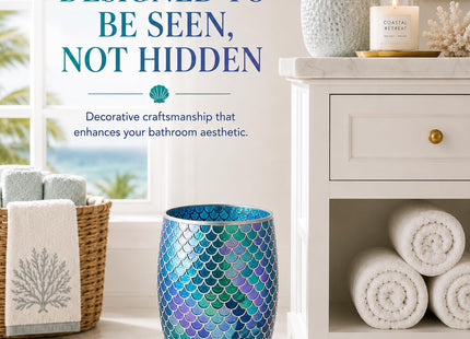Escenzy Mermaid Bathroom Trash Can, Handmade Mosaic Glass 1.3 Gal / 5L | Decorative Waste Basket for Bathroom, Bedroom, Office | Luxury Mermaid Bathroom Decor | Coastal Home Decor Gift
