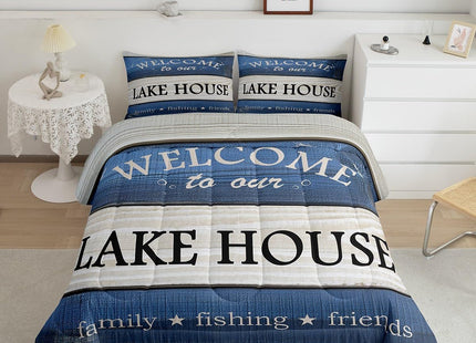 Castle Fairy Lake House Comforter Set Twin Size,Cabin Lodge Rustic Farmhouse Style Bedding Set for Kids Boys Men,Country Blue Wooden Stripes Quilted Duvet Set with 1 Pillowcase