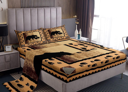 Lodge Cabin Bed Sheet Set Wild Bear Animal Paw Print Decor Bedding Set Retro Gradient Stripes Buffalo Sheets Country Style Flat Sheet for Kids Teens Adults Twin Size 3 Pieces