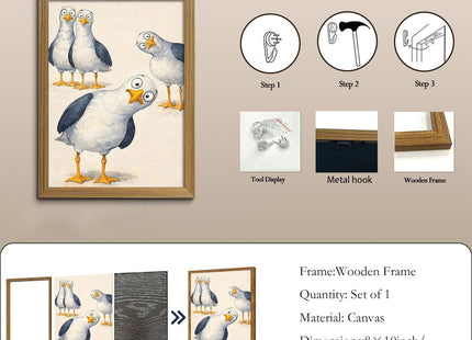 Framed Funny Seagull Wall Art Cute Bird Canvas Print Coastal Decor