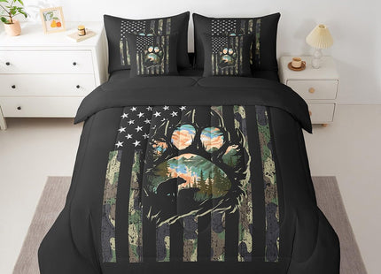 Erosebridal 7 Piece Rustic Farmhouse Bedding Sets Camo American Flag Bear Twin Comforter Set with Sheets Country Cabin Camping and Hunting Bed in A Bag for Kids Adults,Woodland Wildlife Bed Set