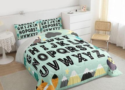 Feelyou Alphabet Kids ABC Learning Comforter Set All Season Cute Fox Bedding Set with 1 Pillow Cases Educational Nursery Art Kids Toddler Bedclothes Woodland Animals Bedroom Decor Duvet Quilt