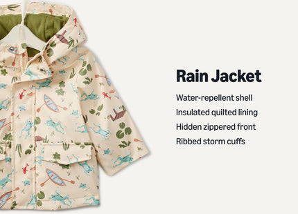 Amazon Essentials Toddler Boys' Water-Repellent Rain Jacket with Quilted Lining, Light Tan Frogs, 4T
