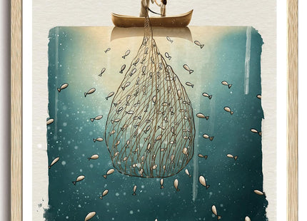 KISSFOX Jesus Fishing with Child OAK Wood Framed Wall Art Modern Christian Canvas Art Prints Inspirational Bible Pictures Wall Decor Sketch Faith Art Paintings Posters For Bedroom Living Room
